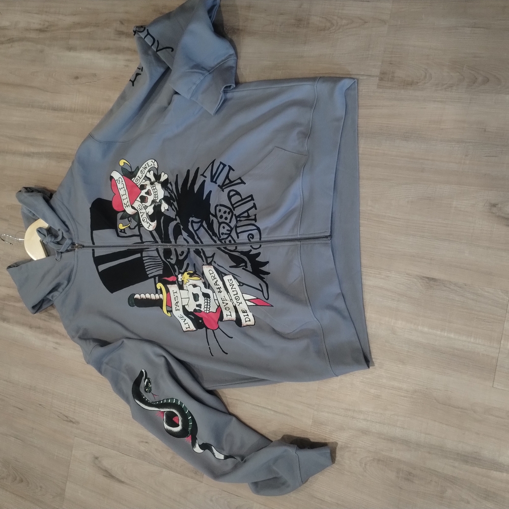 Gray Graphic Hoodie with Snake and Skull Design
